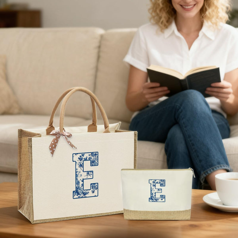 KongMoTree Monogrammed Tote Bags for Women, Initial Tote Bag, Personalized Bags for Women, Personalized Birthday Wedding Gift for Womens Friends Wife Sister Mom Brides Monogram E Bag and Makeup Pouch