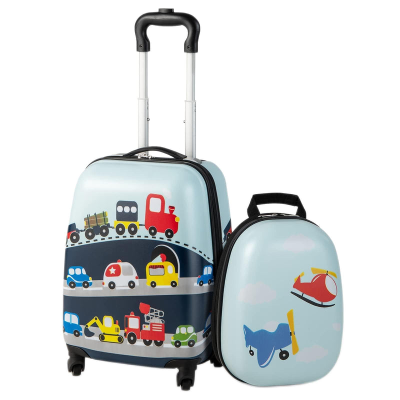 GYMAX Kids Carry On Luggage Set, 12" & 16" 2PCS Rolling Suitcase (Little Airplane)