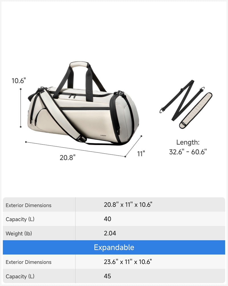 LUGGEX Gym Duffle Bag for Women Men, TDX01 Expandable Sports Gym Bag with Shoe Compartment, Wet Pocket, Water-Resistant Travel Duffel Bags Carry On Duffel Bag Backpack (TDX-Pro, Ivory, 40L)