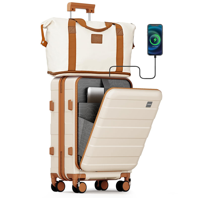 imiomo Carry on Luggage Airline Approved with Front Pocket and USB Port, Hard Shell 20 Inch Travel Carry-on Suitcase with Spinner Wheels and TSA Lock, White