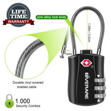 GIVERARE TSA Approved Luggage Locks, Combination Travel Cable Lock, Re-settable 3-Digit Padlocks with Alloy Body, Keyless Travel Sentry Accepted Padlock for Gym Locker, Golf Bag Case, Backpack-Black