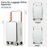 MILADA Wide Handle Carry On Luggage with Front Pocket Hardshell 20 Inch Front Opening Luggage with Spinner Wheels TSA Lock Aluminium Suitcase Airline Approved Carry-On Travel Luggage, White