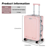 MRPLUM Front Pocket Carry On Luggage,Aluminum Frame PC Hardside Spinner Wheel Suitcase with TSA Lock,Cup Holder,Phone Holder&USB Charging Port,Pink(1 Piece)