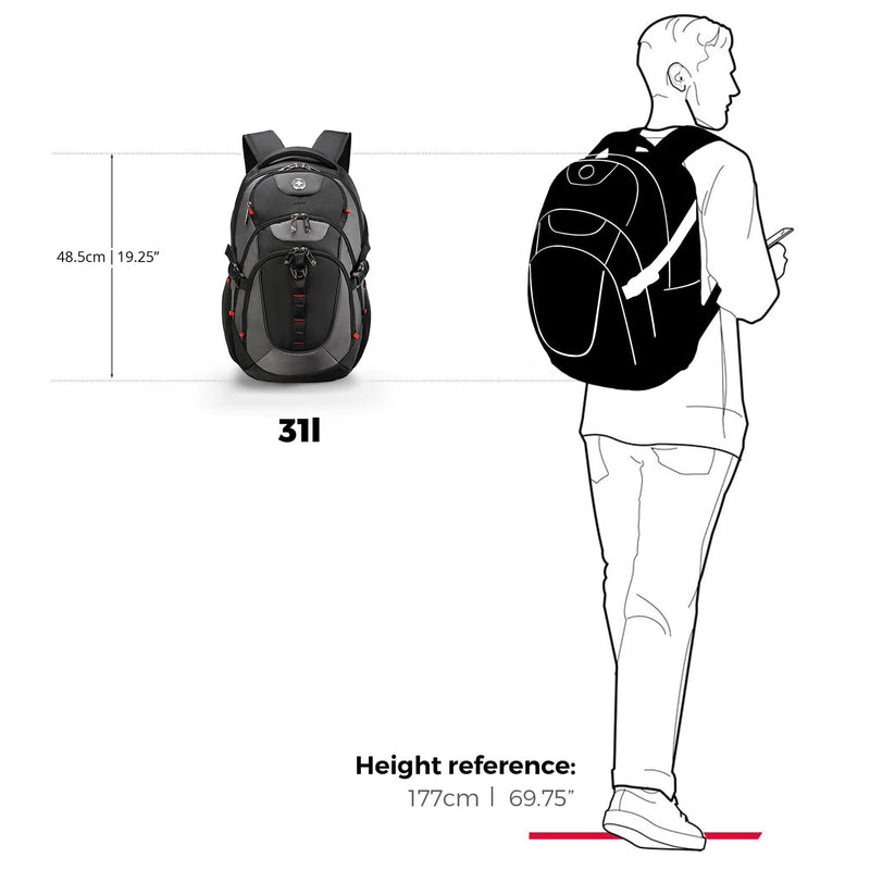 Swissdigital Design Laptop Backpack with USB Charging Port, Travel Backpack Fits 15.6 inches Computer, 31L College School Backpack for Men, Black/Grey | SD803-02