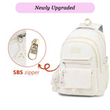 PRLINJSK Girls Backpack for College High Middle School Student, Cute Aesthetic Bookbag for Teens Women with Accessories,Beige