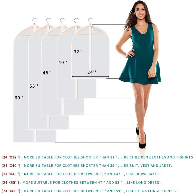 Perber Garment Bags for Hanging Clothes, 6 PCs All Clear Garment Bag, Plastic Dustproof Suit Bag, Coat Protector Zippered Garment Covers for Closet Storage and Travel - 24'' x 40''/6 Pack