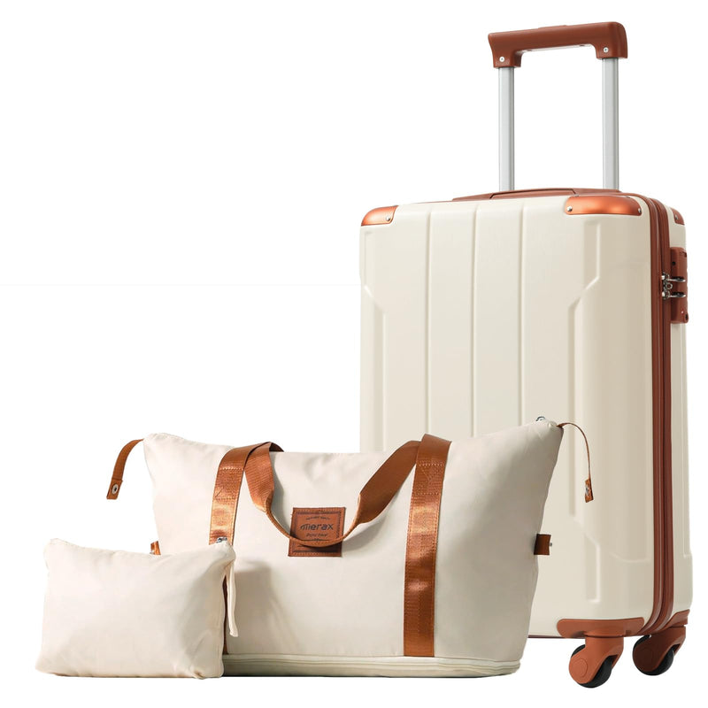 Merax Carry On Luggage Set 3 Piece, Hard Shell Suitcases with Wheels Aluminum Alloy Corner, TSA Luggage Suitcase for Travel Woman Men(White Brown)