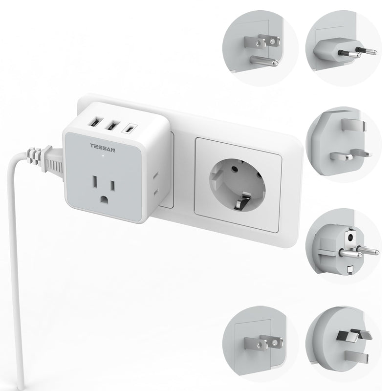 TESSAN Universal Travel Adapter Kit, 6-in-1 International Power Adapter with 3 USB (1 USB C) and 3 AC Outlets, Wordwide Adaptor Supports Type C, G, E/F, I, A, B for US EU UK Australia Japan, Grey