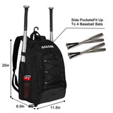 Goloni 40L Baseball Bag, Softball Bat Bag with Shoes Compartment,Fence Hook,Backpack for Baseball, T-Ball & Softball Equipment & Gear,Black