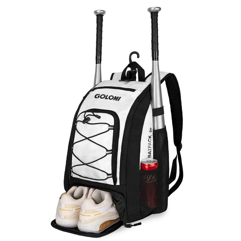 Goloni 40L Baseball Bag, Softball Bat Bag with Shoes Compartment,Fence Hook,Backpack for Baseball, T-Ball & Softball Equipment & Gear,White