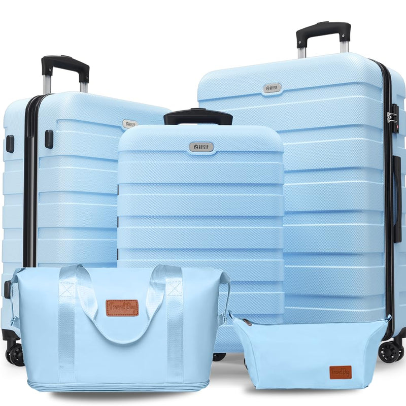 AnyZip Luggage Set 5 Piece PC ABS Hardshell Lightweight Suitcases for Travelling with 4 Universal Wheels TSA Lock Carry on Suitcase Light Blue