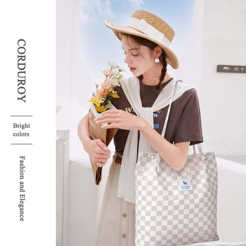 LHMTQVK Corduroy Tote Bags for Women, Large Capacity Corduroy Bag Reusable Grocery Shoulder Bag with Inner Pockets(Beige checkerboard)
