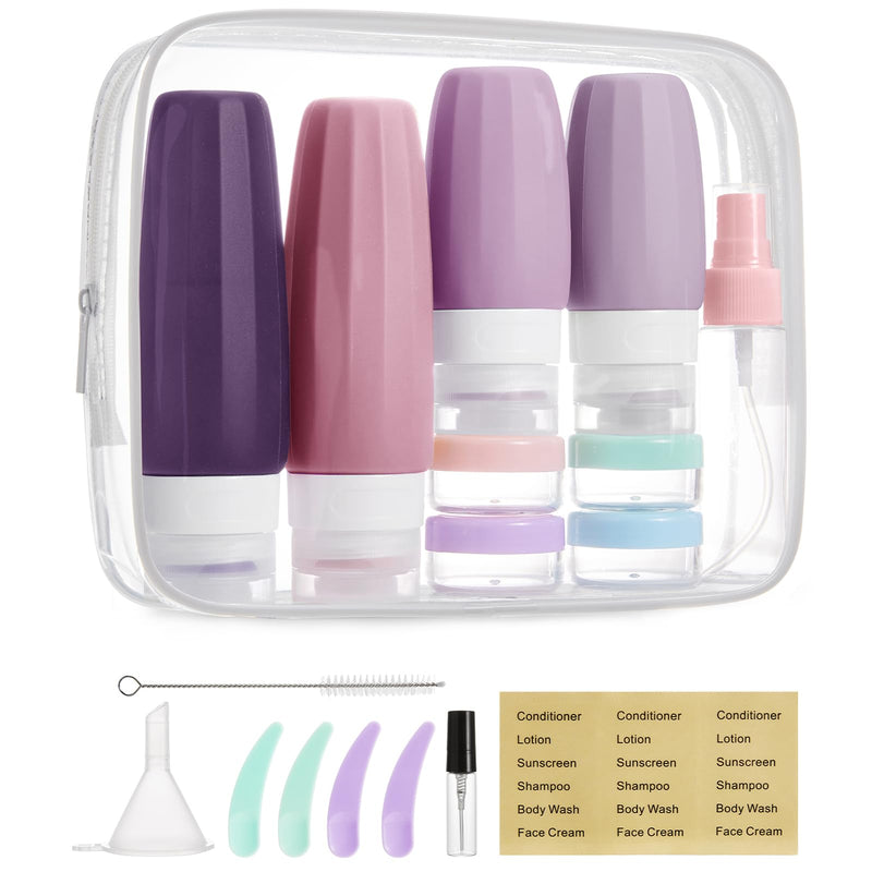 BAGSMART 18 Pack TSA Approved Travel Bottles for Toiletries, Leak Proof Silicone Travel Size Containers Bottles for Shampoo, Purple
