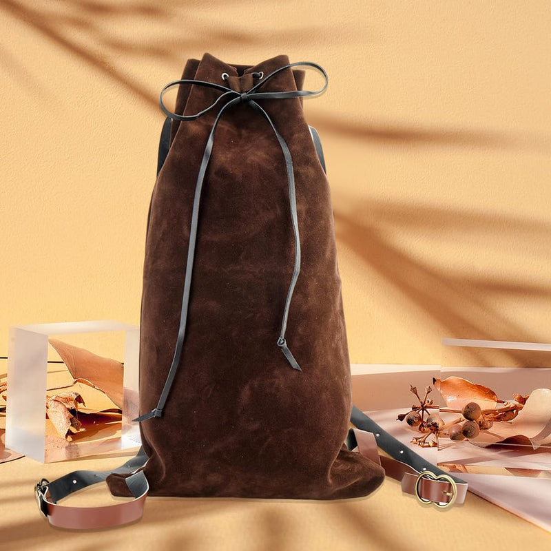 GORGECRAFT Medieval Backpack Drawstring Fibre Bag with PU Leather Straps and Alloy Clasps Portable Pouch for Viking LARP Renaissance Outdoor Activities Cosplay Gym Workout Saddle Brown 18x10.8 inch