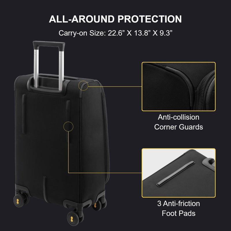 LEVEL8 Carry On Luggage Airline Approved with Compartment, Softside Expandable Rolling Suitcase with Spinner Wheels, Black, Carry-On 20-Inch