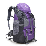 Bseash 50L Hiking Backpack, Water Resistant Lightweight Outdoor Sport Daypack Travel Bag for Camping Climbing Skiing Cycling (Purple - No Shoe Compartment)