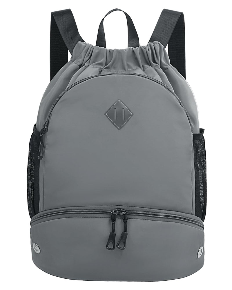 RHDZO Drawstring Backpack Gym Backpack with Shoe Compartment for Men Women String Sports Bag with Wet Pocket Cinch Swim Beach Bag, Gray (Patent Pending)