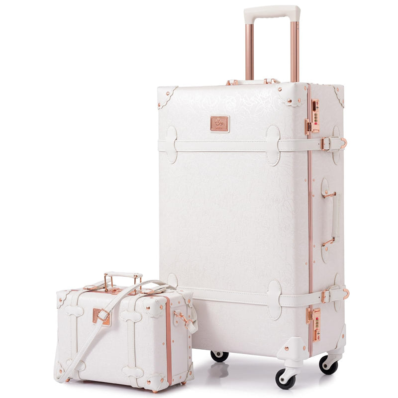 urecity Vintage Luggage Set, 2 Piece Retro Leather Suitcase for Women, Travel Luggage with Spinner Wheels and Beauty Case, Cute Designer Trunk Luggage (Rose White, 20"+12")