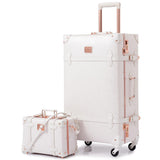 urecity Vintage Luggage Set, 2 Piece Retro Leather Suitcase for Women, Travel Luggage with Spinner Wheels and Beauty Case, Cute Designer Trunk Luggage (Rose White, 20