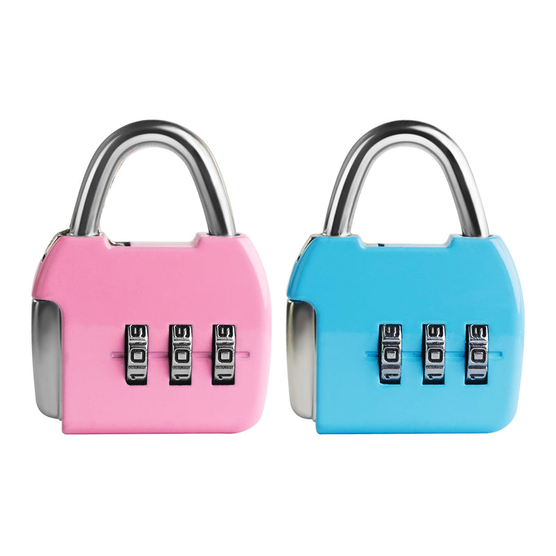 UP Security Small Combo Lock, 3 Code Combination Padlock, Travel Safe Mini Suitcase Luggage Locks, Portable Small Locker Lock for Tool Box, Bag, Backpack Zipper, Diary (Pink+Blue, 2-Pack)