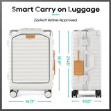 Joyway 20 Inch Carry on Luggage with Aluminium Frame and Front Pocket, PC Hardshell Suitcase with USB Port and Cup Holder, 21.5x14.2x9 Airline Approved, Luggage with Spinner Wheels and TSA Lock(White)