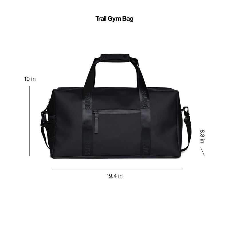 RAINS Trail Gym Bag - Black Waterproof Sports Duffel Bag for Men and Women with Shoulder Strap, Carry Handles and Mesh Pocket for Training or Travel - 2 Year Warranty