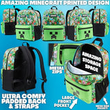 Minecraft Boys Backpack 5 Pc Gift Set, Creeper School Bookbag, Lunch Bag, Water Bottle, Keychain and Lanyard (Green AOP)