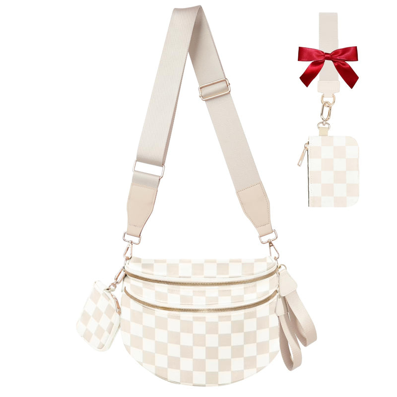 Cross Body Bag for Women Checkered Crossbody Bags Bum Bag for Women Fanny Packs for Girls Small Nylon Checkered Purse Trendy Shoulder Pouch for Womens (Checkered Beige, One Size)
