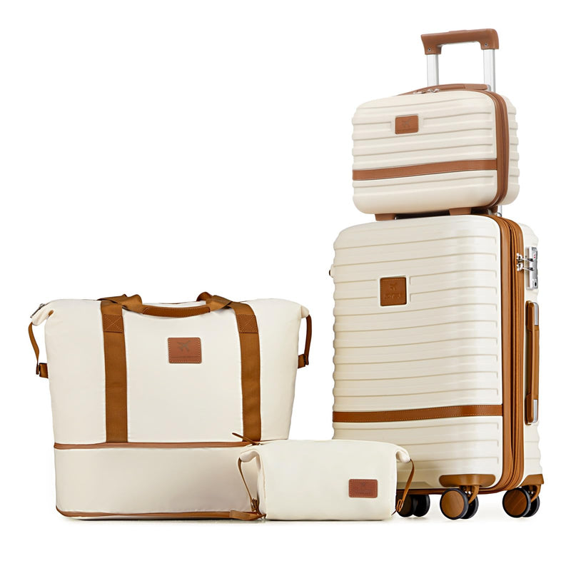 Joyway Carry On Luggage 20 Inch Expandable Suitcase with Spinner Wheel, 4 Piece Hard Shell Luggage Set with TSA Lock(White brown)