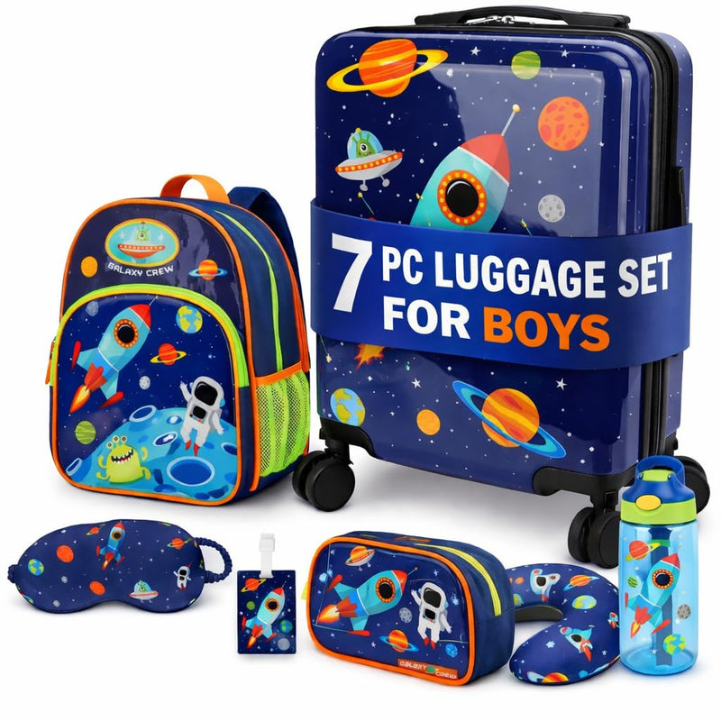 emissary 7pcs Space Boy’s Luggage Set with wheels – Rolling Luggage, Backpack, Eye Mask, Toiletry Bag, Suitcase Tag, Neck Pillow & Water Bottle – Carry Luggage for Kids & Boys with Wheels