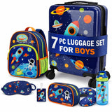 emissary 7pcs Space Boy’s Luggage Set with wheels – Rolling Luggage, Backpack, Eye Mask, Toiletry Bag, Suitcase Tag, Neck Pillow & Water Bottle – Carry Luggage for Kids & Boys with Wheels