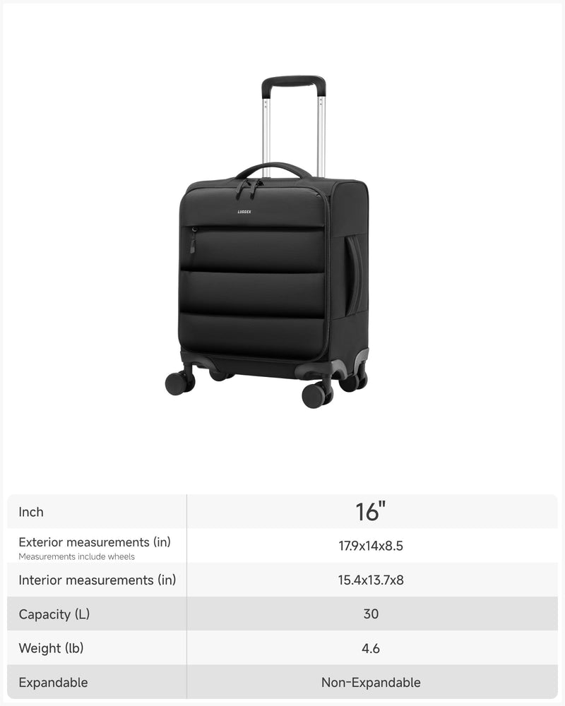 LUGGEX 16 Inch Underseat Carry On Luggage with Spinner Wheels, UDS Softside Lightweight Suitcase for 2-Day Travel (UX-Pro, Black, 16-Inch)