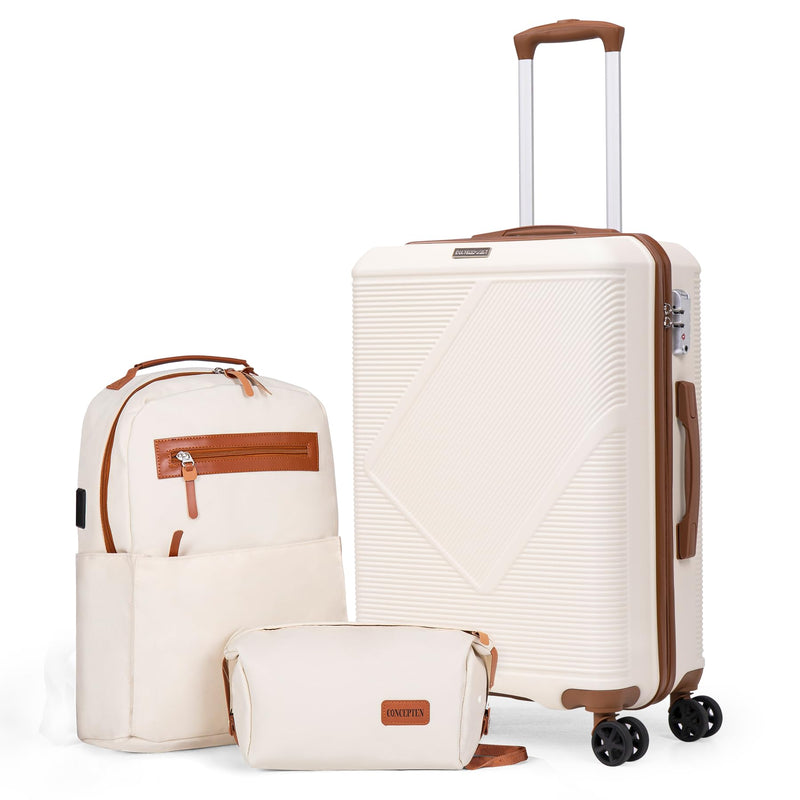 CONCEPTEN Luggage Sets 3 Piece, 20 Inch Carry On Suitcases With Spinner Wheels, Lightweight Travel Luggage With TSA Lock, ABS Hardshell Suitcase (White)