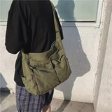 Workwear Canvas Shoulder Bag Large Capacity Retro Messenger Bag New Student Class Messenger Bag (GREEN)
