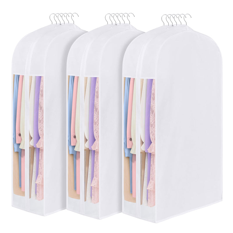 Kntiwiwo 43" Premium Cotton Garment Bag for Hanging Clothes, Breathable Suit Bags for Closet Storage with Extre Large 10" Gusseted & Clear Window, Dust Cover with Zipper for Suits, Jacket, 3 Pack