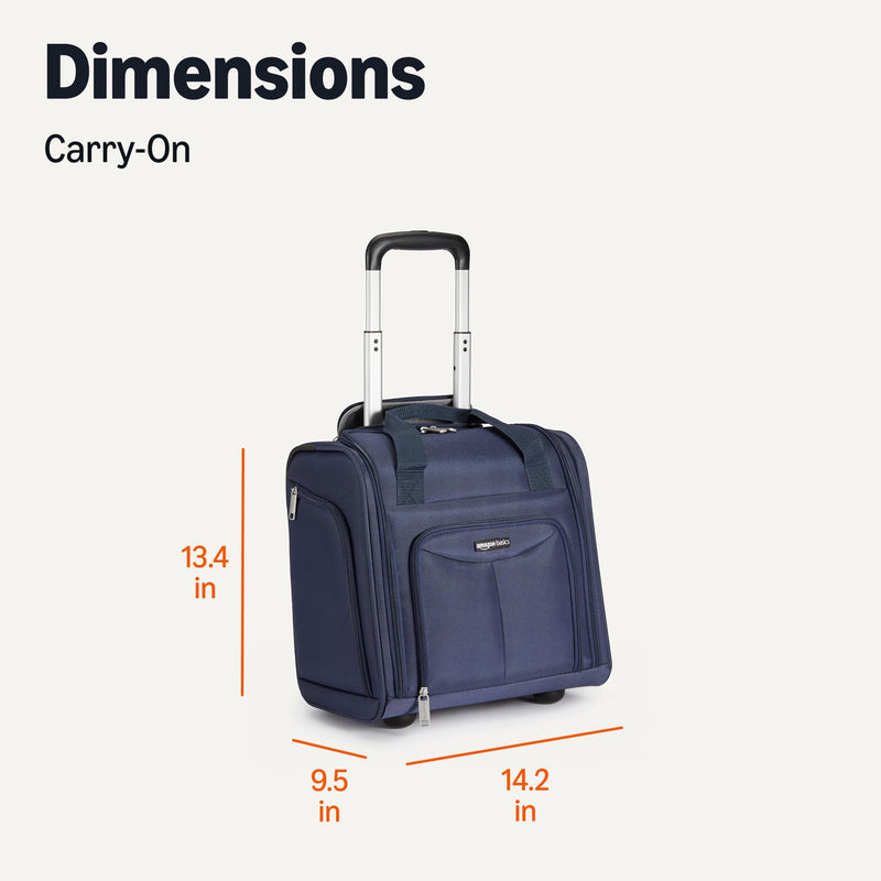 Amazon Basics Underseat Carry-On Luggage with Wheels and Handle, 14" Rolling Travel Bag, Fits Overhead Bins, Organized Compartments, Navy