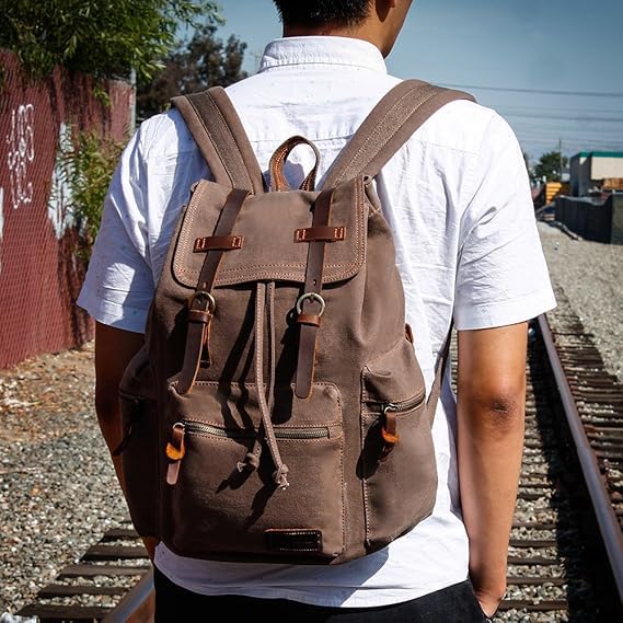 GEARONIC Vintage Canvas Backpack, Casual Daypack Backpacks for Men Women, 15inch Laptop Bag Travel Hiking Camping Rucksack - Brown