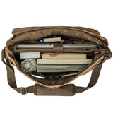 Vintage Genuine Leather Waxed Canvas Briefcase Large Satchel Shoulder Bag Rugged Computer 15.6" Laptop Bag (Brown)