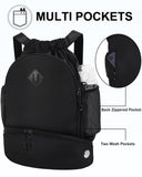 RHDZO Drawstring Backpack Gym Backpack with Shoe Compartment for Men Women String Sports Bag with Wet Pocket Cinch Swim Beach Bag, Black (Patent Pending)