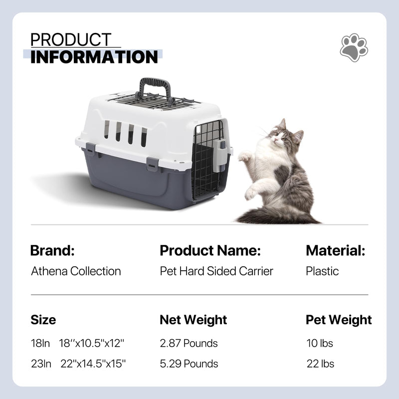 Athena Collection 18" Hard-Sided Travel Pet Carrier for Small Dogs and Cats, Plastic Dog Carriers with 2-Door Top & Front Load & Ventilation & Security Lock, Cat Dog Carrier for Pet, up to 10lbs, Grey