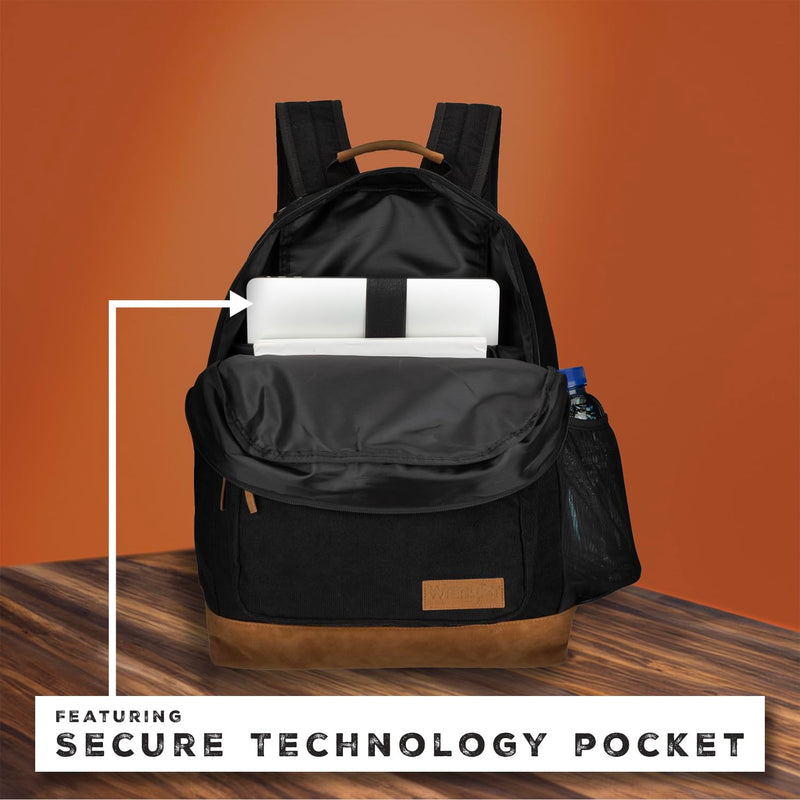 Wrangler Yellowstone Sturdy Backpack for Travel Classic Logo Water Resistant Casual Daypack for Travel with Padded Laptop Notebook Sleeve (Black Corduroy)