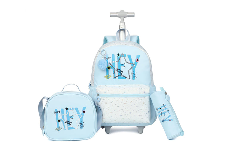 kingdisen Cute travelers club blue Rolling Backpack for women with wheels Rolling cart (HEY BLUE)