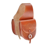 Tough1 Leather Saddle Bag w/ Basket Stamp - Medium Tan