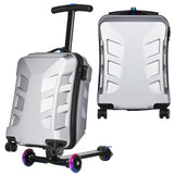 Scooter Suitcase for Kids & Adults，3-D Hardshell Ride On Scooter Luggage with Led Light Up Wheels，TSA Lock，Lightweight Foldable Carry On Rideable Suitcase for Children Teenagers (Silver, 21-inch)