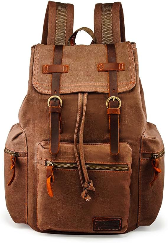 GEARONIC Vintage Canvas Backpack, Casual Daypack Backpacks for Men Women, 15inch Laptop Bag Travel Hiking Camping Rucksack - Coffee
