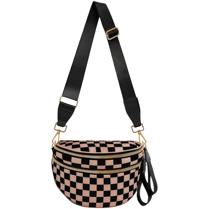 URSKYTOUS Checkered Crossbody Bag for Women Nylon Bum Bag Oversized Trendy Fanny Pack Checkered Diaper Bags Large Capacity Spacious Crossbody Bags Purse with Adjustable Strap