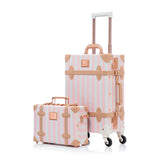 UNIWALKER Vintage Luggage Set, 2 Piece Faux Leather Carry on Suitcase with Spinner Wheels TSA Lock and Cosmetic Train Case for Women, Pink Strip, 20