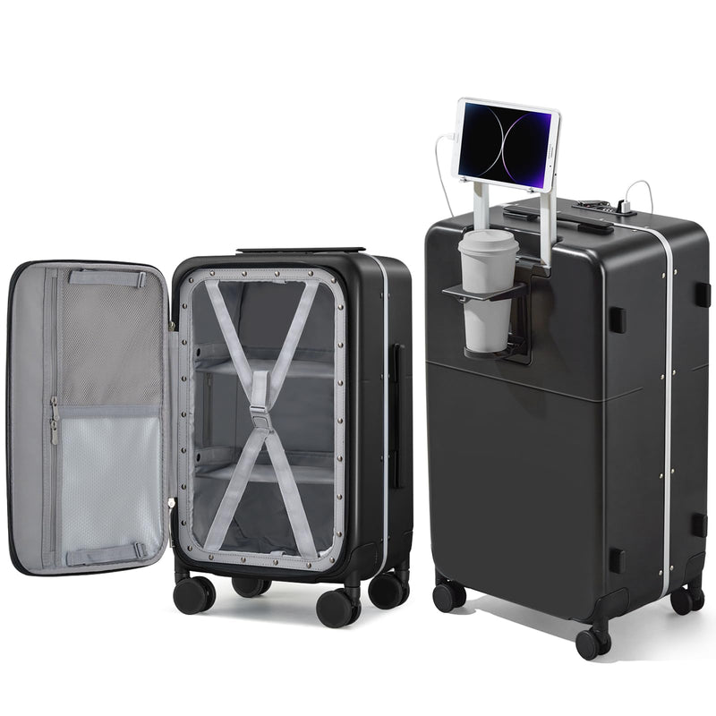 Hanke 28 Inch Luggage with Cup Holder and Charge,Top Opening Hard Shell Suitcases with Wheels and Dividers,Aluminum Frame Trunk Luggage Extra Large Suitcase with Lock for Travel，Jet Black