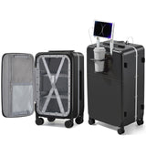 Hanke 28 Inch Luggage with Cup Holder and Charge,Top Opening Hard Shell Suitcases with Wheels and Dividers,Aluminum Frame Trunk Luggage Extra Large Suitcase with Lock for Travel，Jet Black