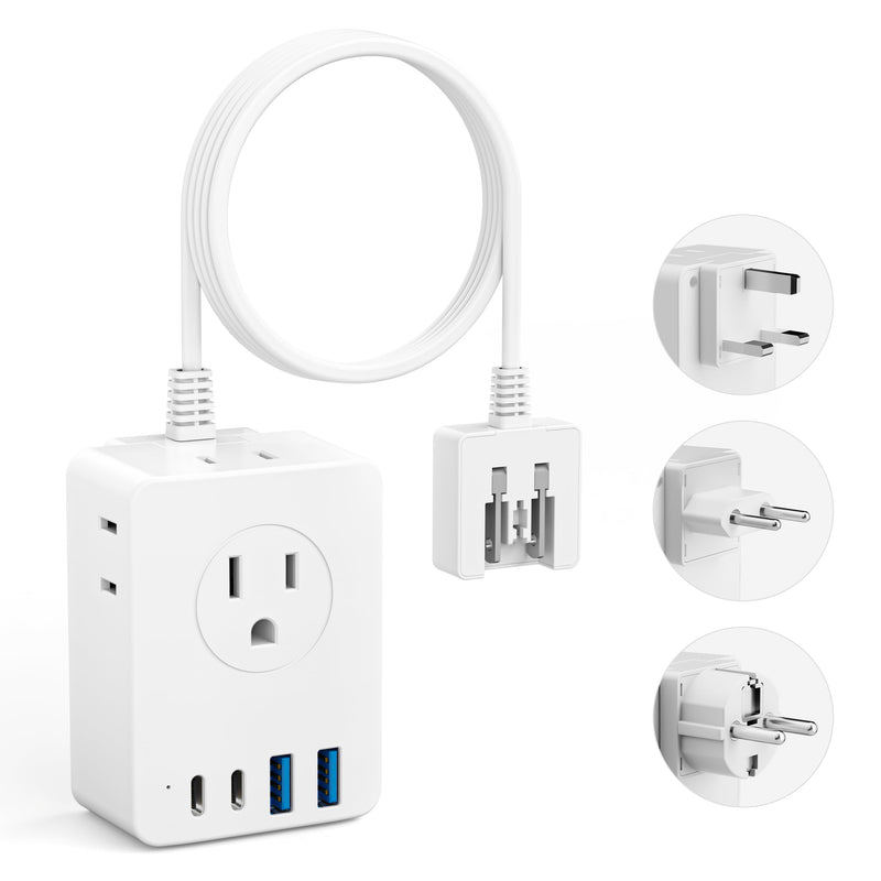 Kakyanill European Travel Plug Adapter, 5ft Detachable Extension Cord with Type C/G/E/F Plug Kit, 4 AC Outlets, 4 USB Ports (2 USB C), UK Germay France Greece Travel Plug Adapter